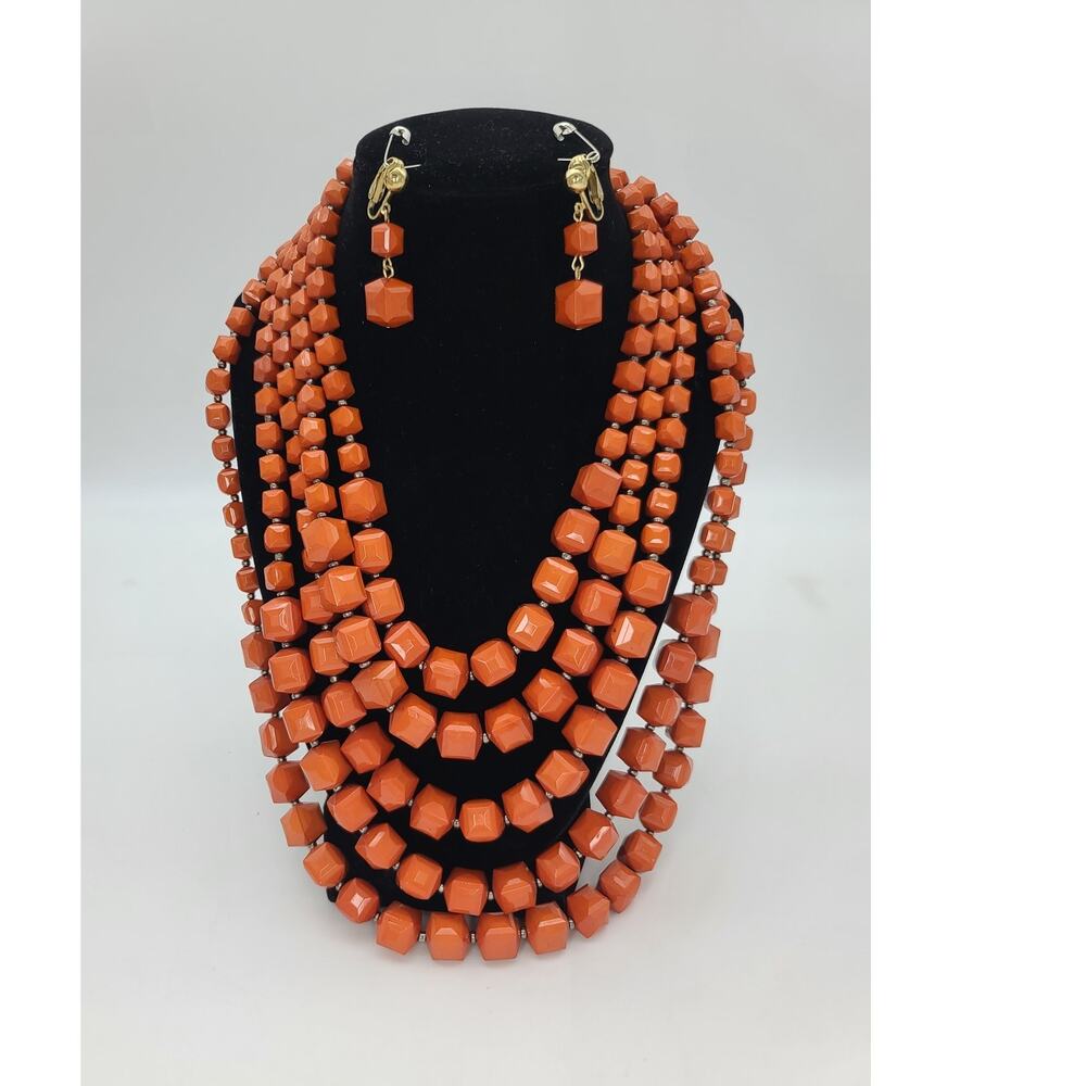 Vtg Orange Lucite Square Shape Beaded Multi-Strand Necklace & Clip-on Earrings